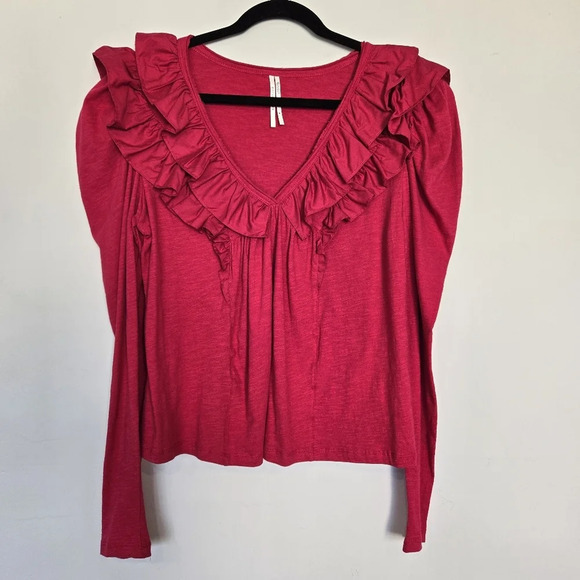 Anthropologie Fuchsia V-Neck Ruffled Top M Long Sleeves Coquette Feminine Cotton - Picture 1 of 11